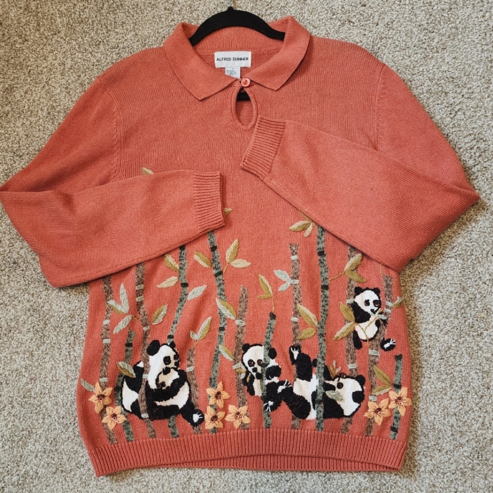 Vintage 1990s Alfred Dunner Orange Sweater Embroidered Panda Bamboo Pullover S